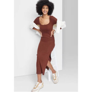 Women's Long Sleeve Rib Knit Midi Dress Dark Brown L